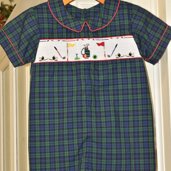 Beaux et Belles Smocked Golf John John in Blackwatch Plaid Size 5 with snaps - Picture 1 of 4